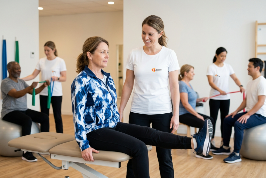 Fisioterapeuta acompanha avaliação funcional individual em ambiente B-Active